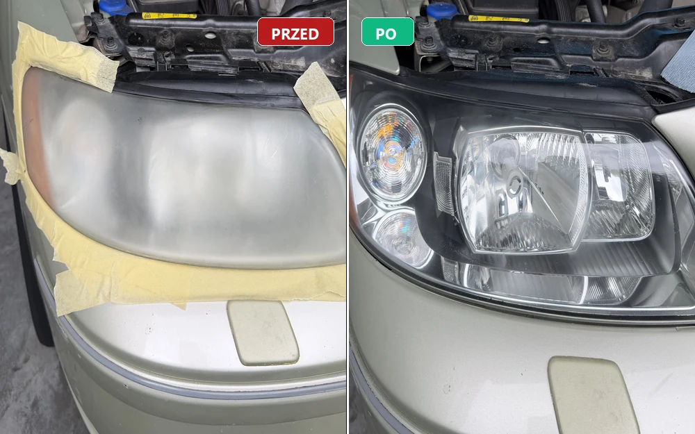Regeneracja zmatowiałych reflektorów samochodowych przed i po w Feniks Detailing